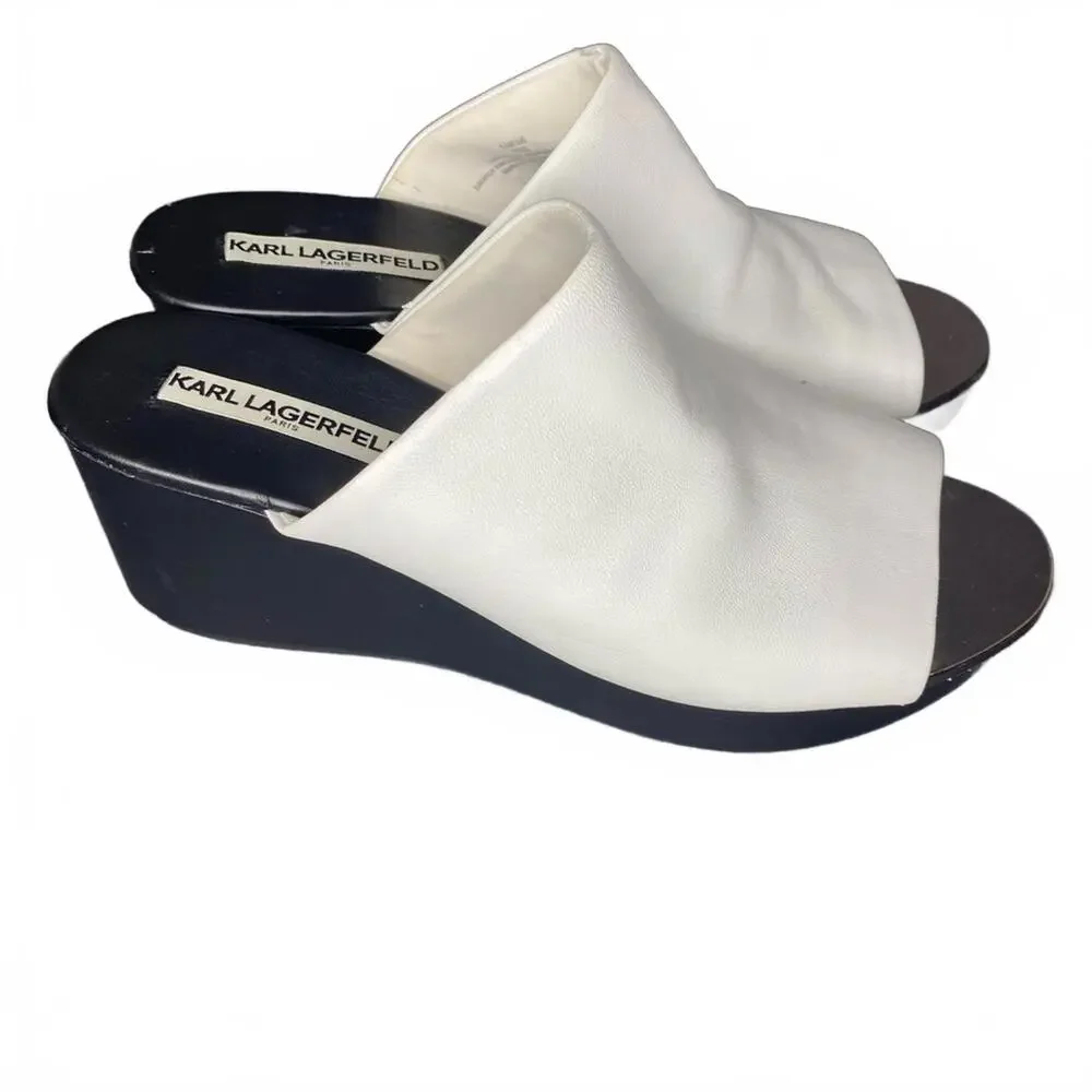 Y2K Karl Lagerfeld Paris‎ Lyric White Leather Platform Slides Women's 8.5